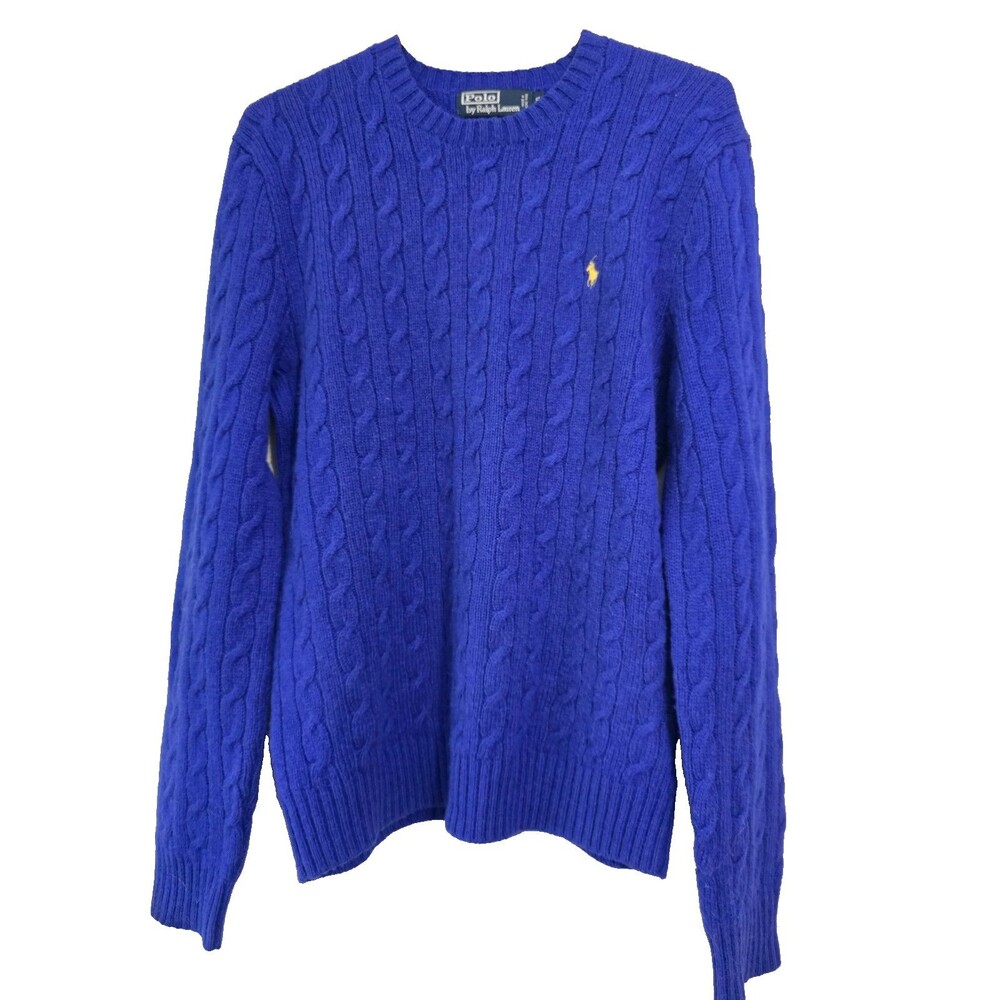 VTG Polo Ralph Lauren Mens Small Sweater Blue Cable Knit Wool Crew Neck Top